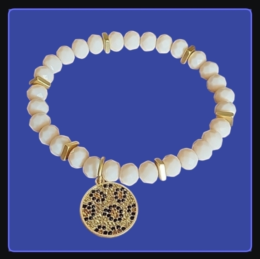 Cream Glass Beaded Leopard Print Charm Stretch Mobwife Bracelet